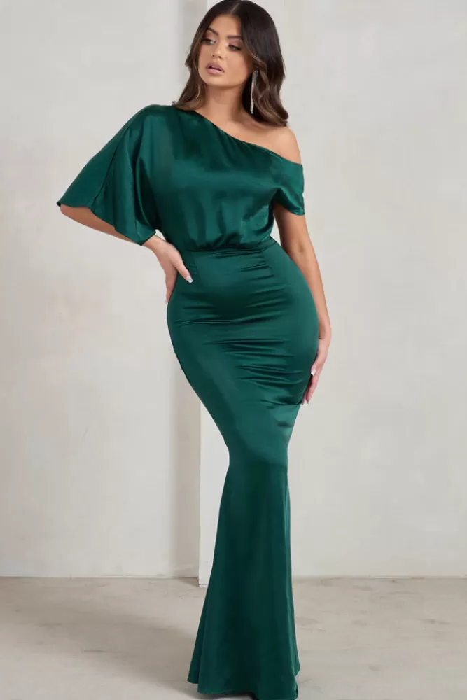 Club L London - Abito Maxi Sabrina in Raso Verde Bottiglia con Scollo Asimmetrico | Edizione Limitata