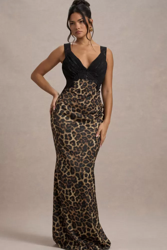 Club L London Sahara | Abito elegante in raso con stampa leopardata e scollo a V rifinito da pizzo nero - Tocco sensuale per look serale 

(：，，，，）