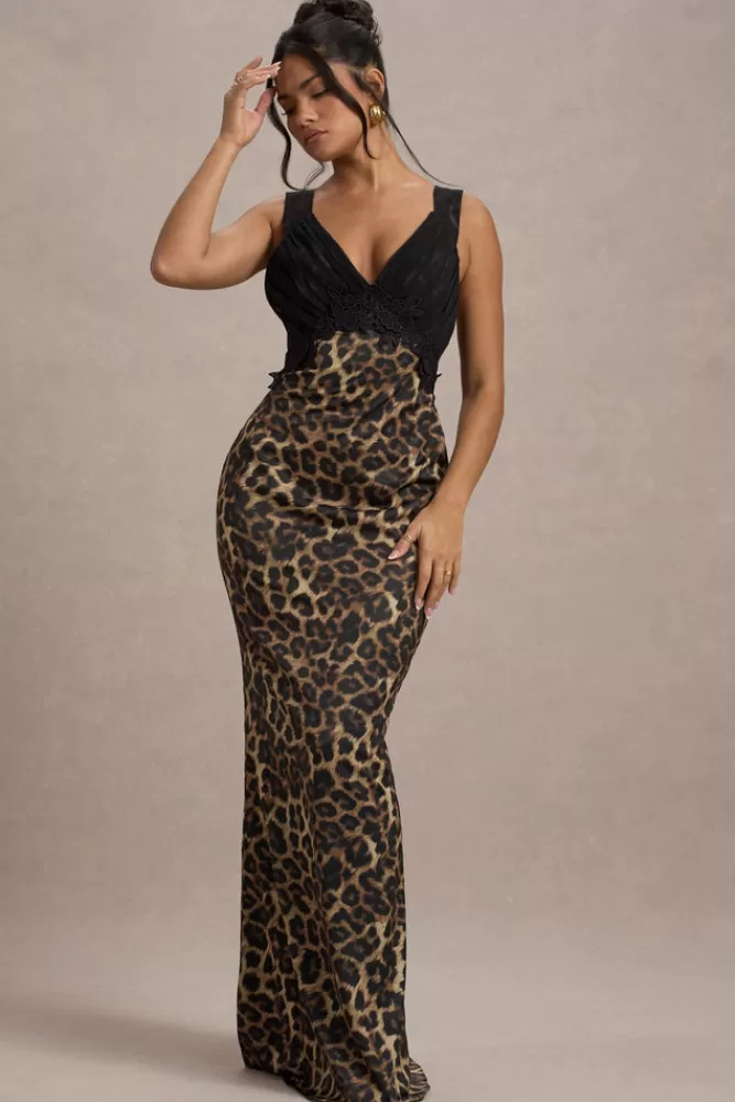 Club L London Sahara | Abito elegante in raso con stampa leopardata e scollo a V rifinito da pizzo nero - Tocco sensuale per look serale 

(：，，，，）