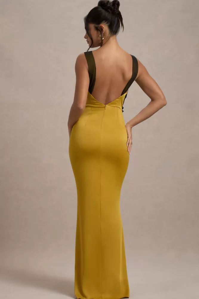 Club L London | Abito Midi in Satin Scollato a V con Pizzo Nero - Collezione Sahara  
Tonalità Senape, Dettagli Raffinati per Look Elegante  

（，，