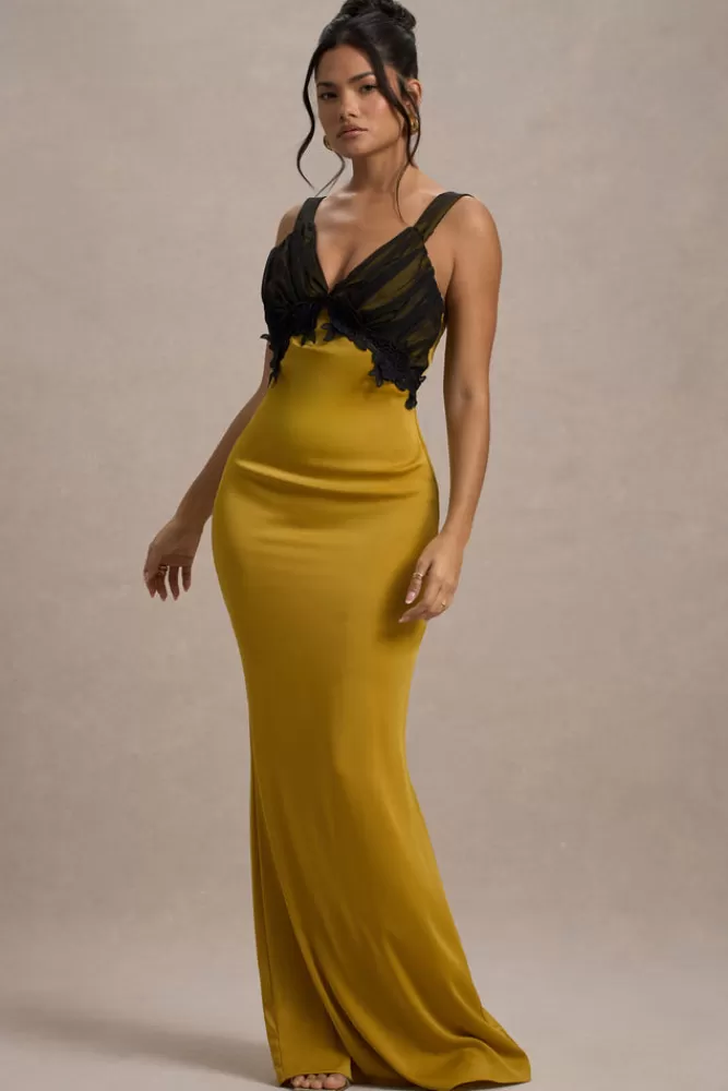 Club L London | Abito Midi in Satin Scollato a V con Pizzo Nero - Collezione Sahara  
Tonalità Senape, Dettagli Raffinati per Look Elegante  

（，，