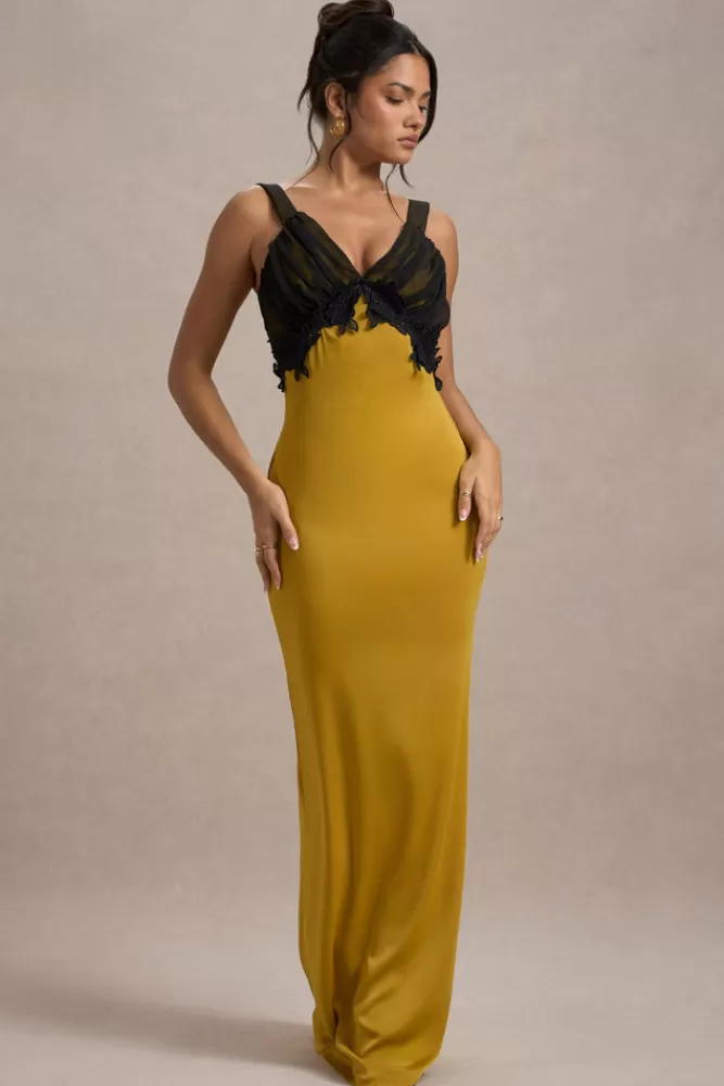 Club L London | Abito Midi in Satin Scollato a V con Pizzo Nero - Collezione Sahara  
Tonalità Senape, Dettagli Raffinati per Look Elegante  

（，，