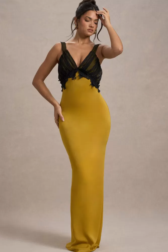 Club L London | Abito Midi in Satin Scollato a V con Pizzo Nero - Collezione Sahara  
Tonalità Senape, Dettagli Raffinati per Look Elegante  

（，，