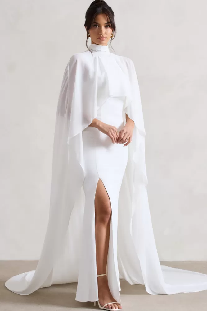 Elegante Vestito Lungo con Cappa in Chiffon · Spacco a Code di Pesce · Avorio — Saint Collection di Club L London · Edizione Speciale con Sconto
