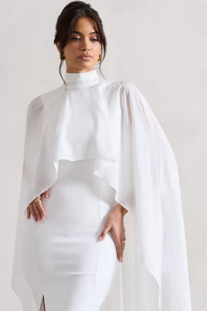 Elegante Vestito Lungo con Cappa in Chiffon · Spacco a Code di Pesce · Avorio — Saint Collection di Club L London · Edizione Speciale con Sconto