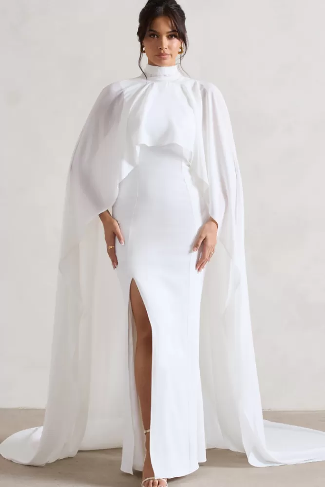 Elegante Vestito Lungo con Cappa in Chiffon · Spacco a Code di Pesce · Avorio — Saint Collection di Club L London · Edizione Speciale con Sconto