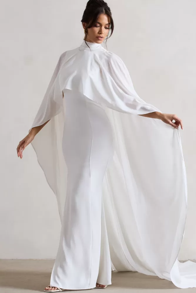 Elegante Vestito Lungo con Cappa in Chiffon · Spacco a Code di Pesce · Avorio — Saint Collection di Club L London · Edizione Speciale con Sconto