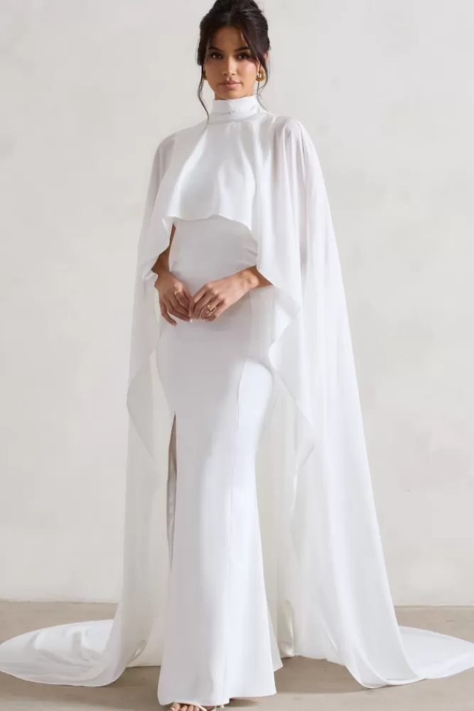 Elegante Vestito Lungo con Cappa in Chiffon · Spacco a Code di Pesce · Avorio — Saint Collection di Club L London · Edizione Speciale con Sconto