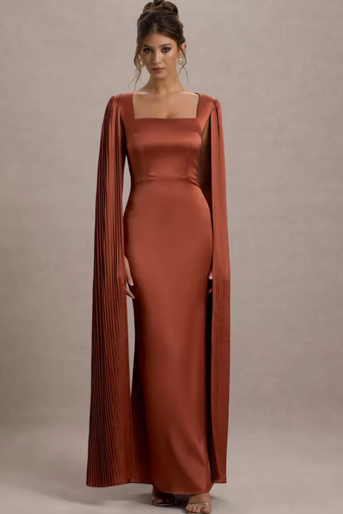 Elegante Abito Sera in Seta con Scollo Quadrato - Drappeggio a Mantella e Tocco Autunnale nella Tonalità Terra Rossa | Club L London Collezione Esclusiva