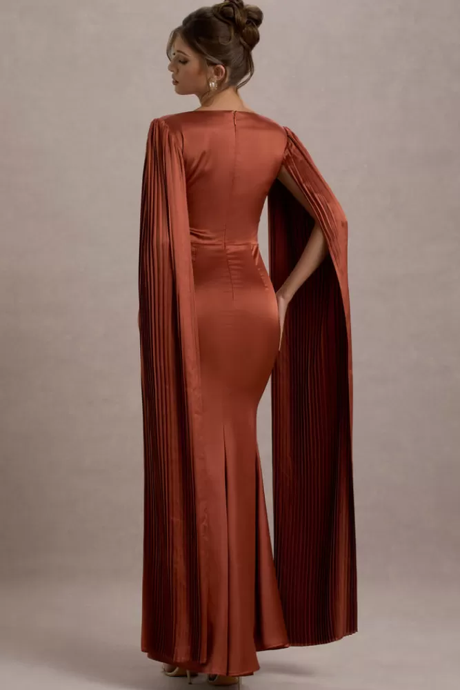 Elegante Abito Sera in Seta con Scollo Quadrato - Drappeggio a Mantella e Tocco Autunnale nella Tonalità Terra Rossa | Club L London Collezione Esclusiva