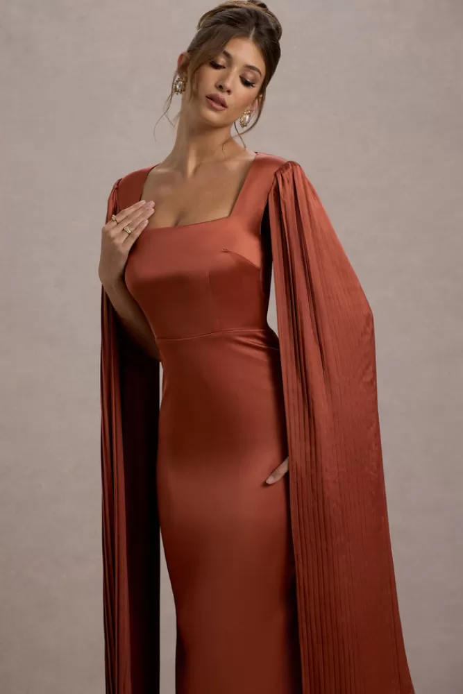 Elegante Abito Sera in Seta con Scollo Quadrato - Drappeggio a Mantella e Tocco Autunnale nella Tonalità Terra Rossa | Club L London Collezione Esclusiva