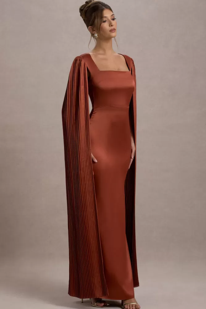 Elegante Abito Sera in Seta con Scollo Quadrato - Drappeggio a Mantella e Tocco Autunnale nella Tonalità Terra Rossa | Club L London Collezione Esclusiva