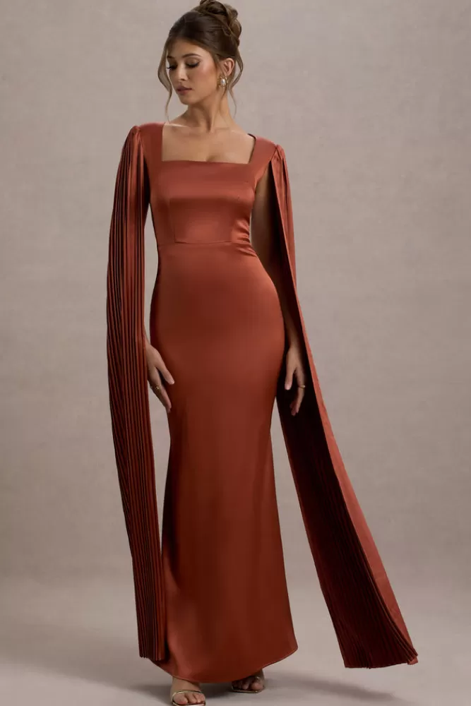 Elegante Abito Sera in Seta con Scollo Quadrato - Drappeggio a Mantella e Tocco Autunnale nella Tonalità Terra Rossa | Club L London Collezione Esclusiva