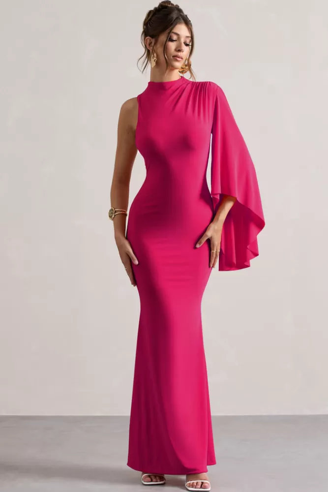 Abito Lungo Samaya Collo Alto con Maniche a Mantella - Elegante in Rosa Shock, Saldi Esclusivi Club L London