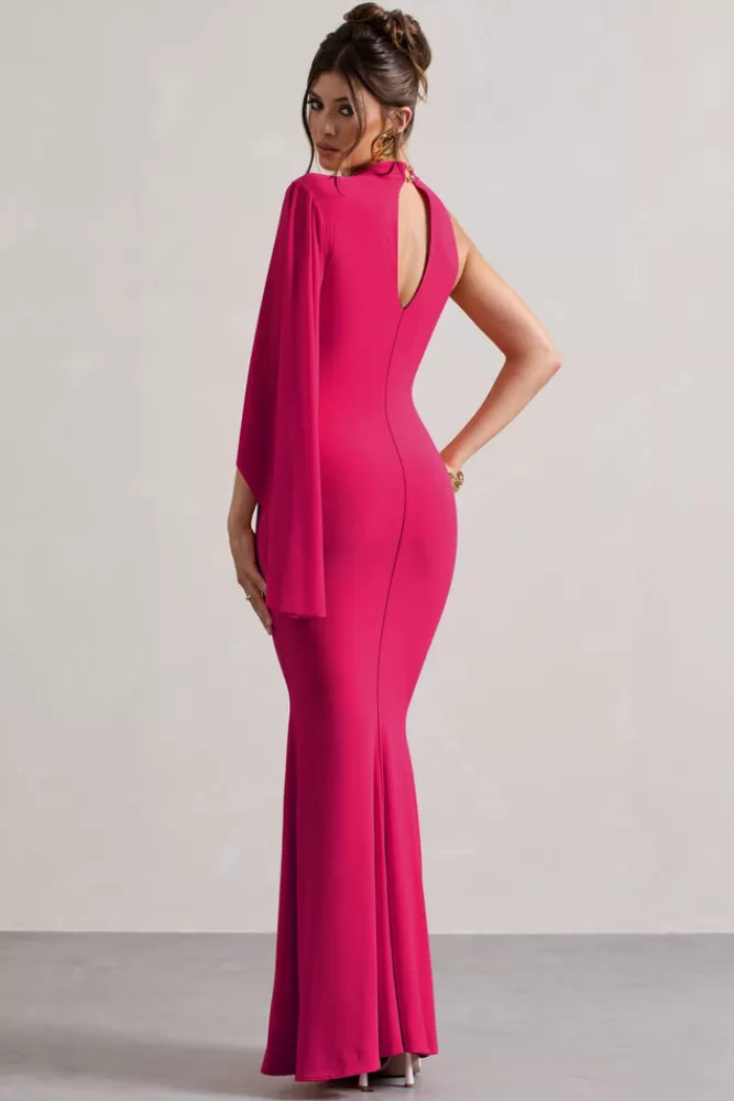 Abito Lungo Samaya Collo Alto con Maniche a Mantella - Elegante in Rosa Shock, Saldi Esclusivi Club L London