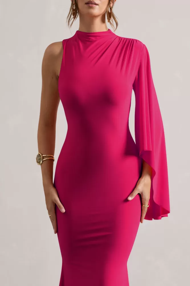 Abito Lungo Samaya Collo Alto con Maniche a Mantella - Elegante in Rosa Shock, Saldi Esclusivi Club L London