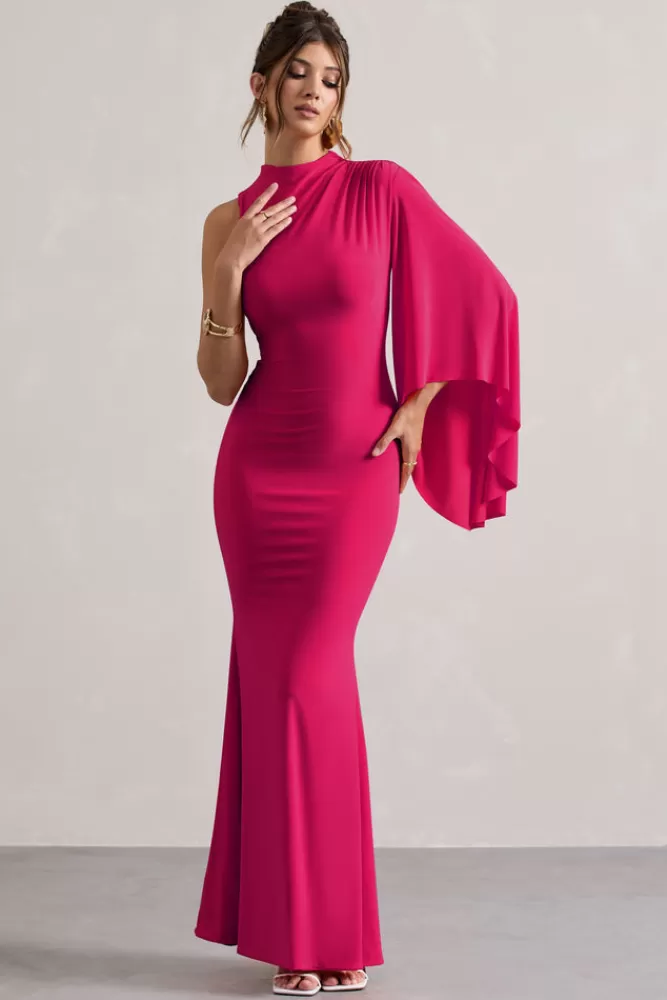 Abito Lungo Samaya Collo Alto con Maniche a Mantella - Elegante in Rosa Shock, Saldi Esclusivi Club L London