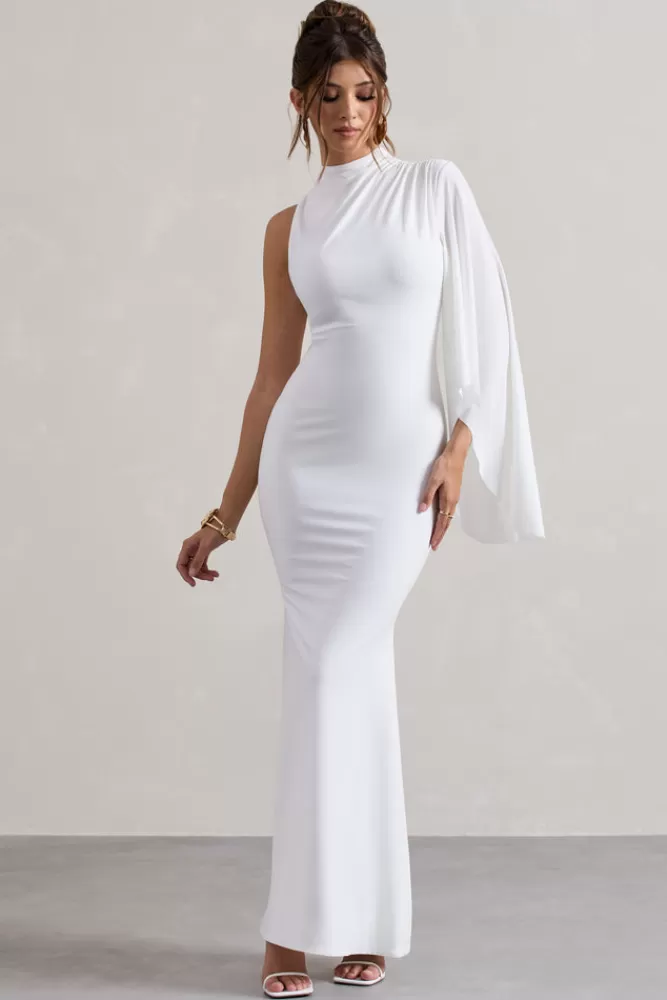 Elegante Abito Lungo Samaya con Scollo Alto e Drappeggio a Mantella - Bianco Avorio | Club L London - Stile Unico a Prezzo Speciale