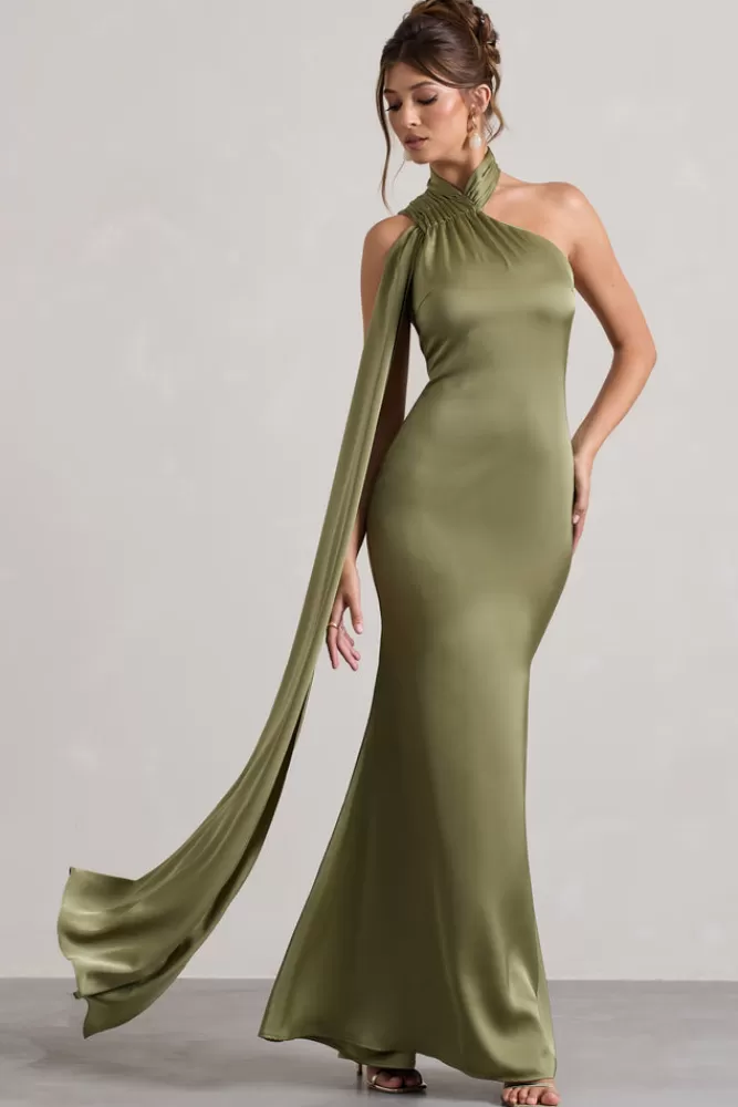 Sancia di Club L London - Abito Longuette Asimmetrico in Lussureggiante Raso Verde Oliva con Fascia Decorativa in Vita | Edizione Limitata con Sconto