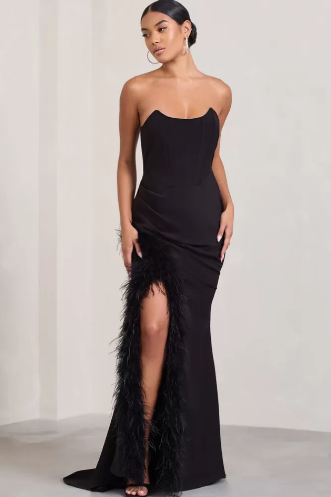 Abito Sera Elegante in Nero con Corsetto e Gonna Piumata Spaccata - Club L London Collection