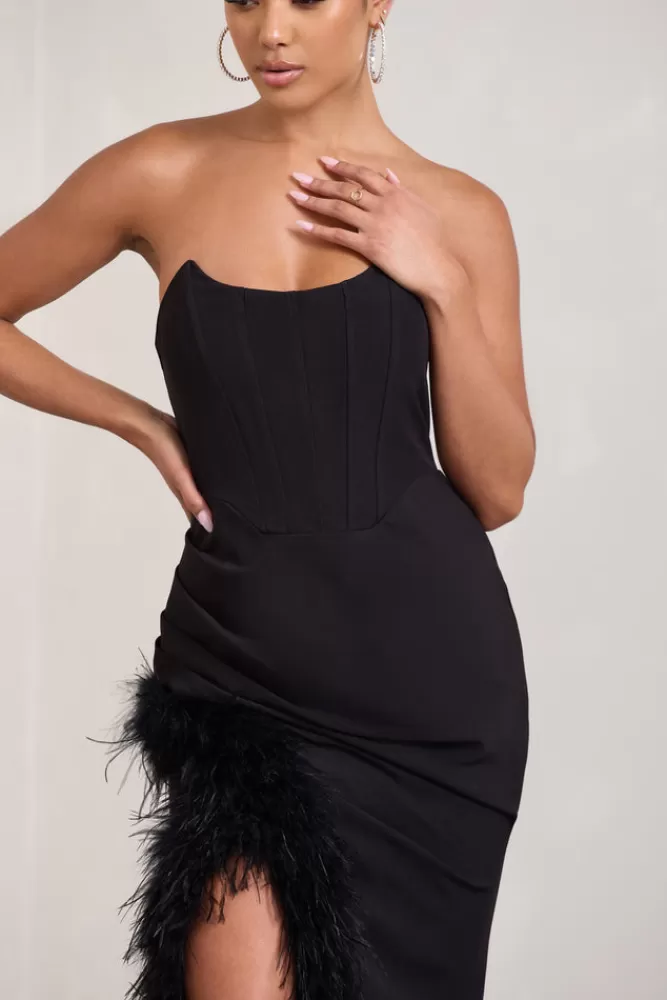 Abito Sera Elegante in Nero con Corsetto e Gonna Piumata Spaccata - Club L London Collection