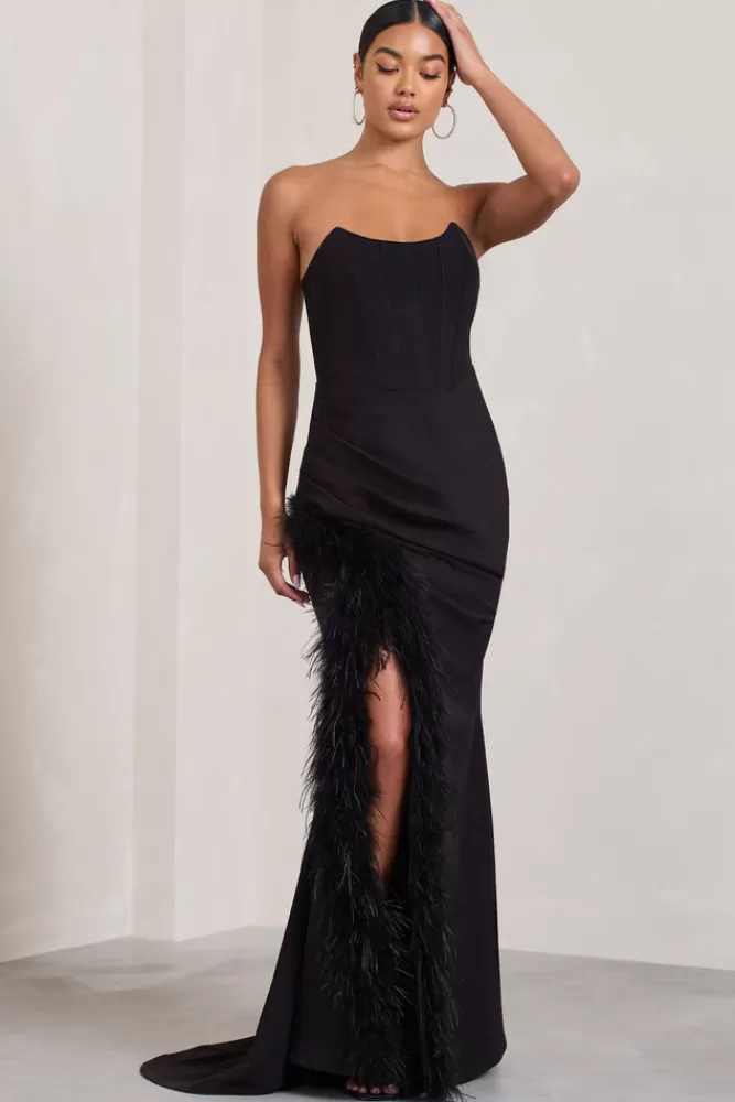 Abito Sera Elegante in Nero con Corsetto e Gonna Piumata Spaccata - Club L London Collection