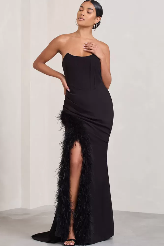 Abito Sera Elegante in Nero con Corsetto e Gonna Piumata Spaccata - Club L London Collection