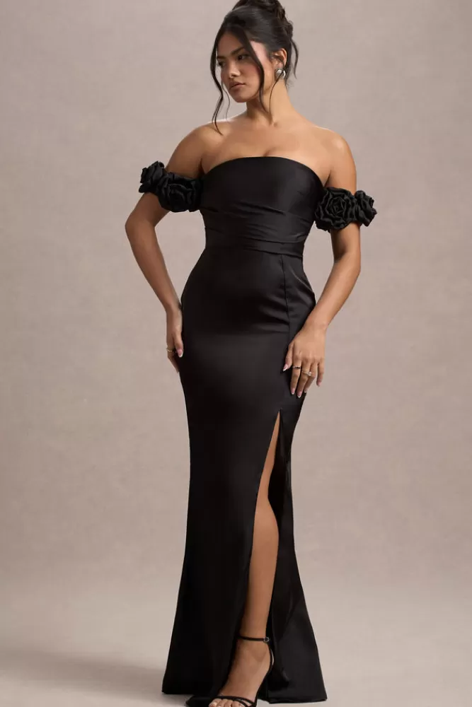 Abito Lungo in Raso Floreale con Scollatura Bardot - Nero Elegante da London Club L 

(Questa versione mantiene i dettagli chiave riorganizzati con verbi attivi, elimina ripetizioni e utilizza una struttura tipica del copywriting moda italiano, inserendo elementi descrittivi come 