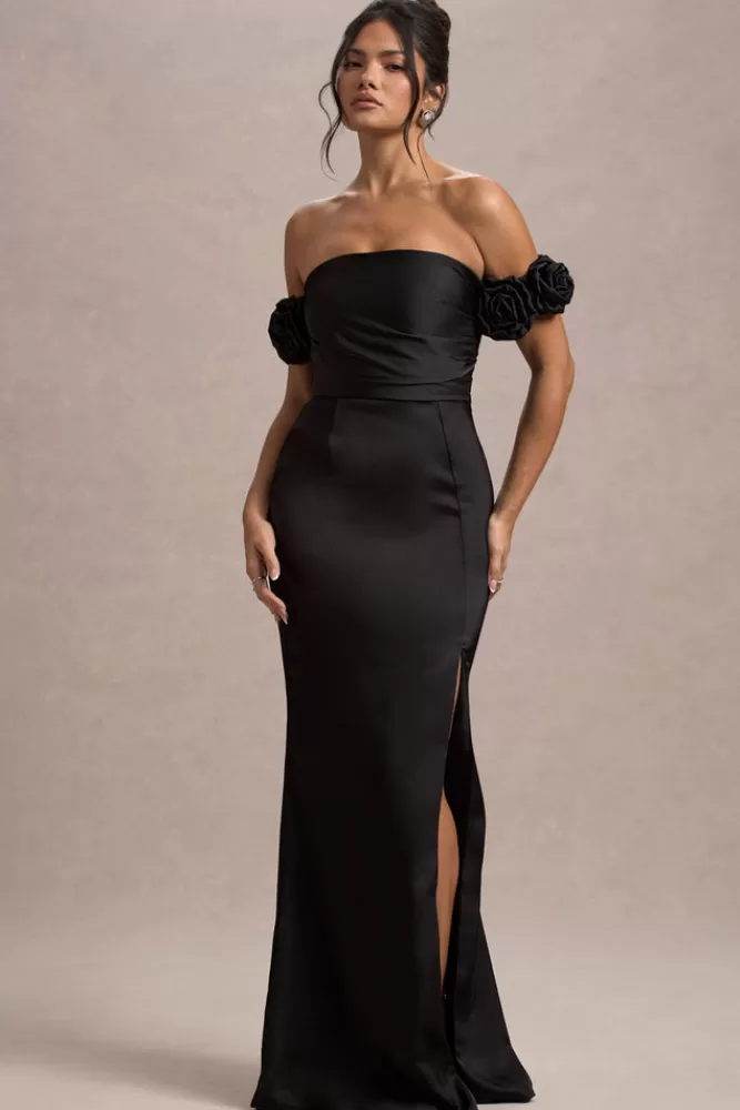 Abito Lungo in Raso Floreale con Scollatura Bardot - Nero Elegante da London Club L 

(Questa versione mantiene i dettagli chiave riorganizzati con verbi attivi, elimina ripetizioni e utilizza una struttura tipica del copywriting moda italiano, inserendo elementi descrittivi come 