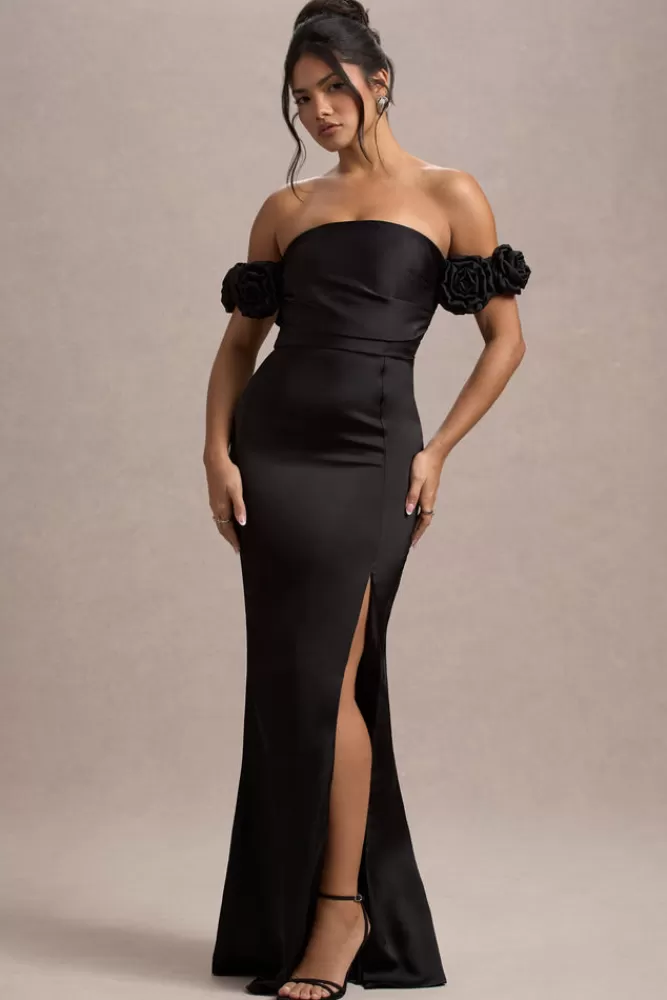 Abito Lungo in Raso Floreale con Scollatura Bardot - Nero Elegante da London Club L 

(Questa versione mantiene i dettagli chiave riorganizzati con verbi attivi, elimina ripetizioni e utilizza una struttura tipica del copywriting moda italiano, inserendo elementi descrittivi come 