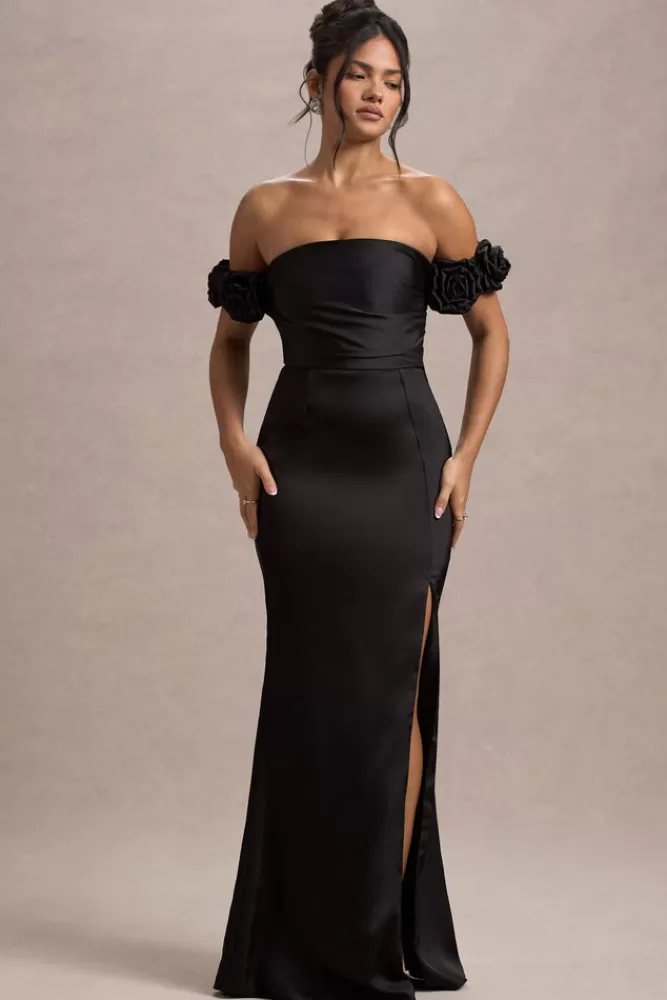 Abito Lungo in Raso Floreale con Scollatura Bardot - Nero Elegante da London Club L 

(Questa versione mantiene i dettagli chiave riorganizzati con verbi attivi, elimina ripetizioni e utilizza una struttura tipica del copywriting moda italiano, inserendo elementi descrittivi come 