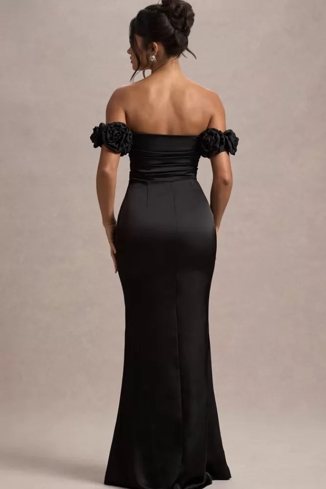 Abito Lungo in Raso Floreale con Scollatura Bardot - Nero Elegante da London Club L 

(Questa versione mantiene i dettagli chiave riorganizzati con verbi attivi, elimina ripetizioni e utilizza una struttura tipica del copywriting moda italiano, inserendo elementi descrittivi come 