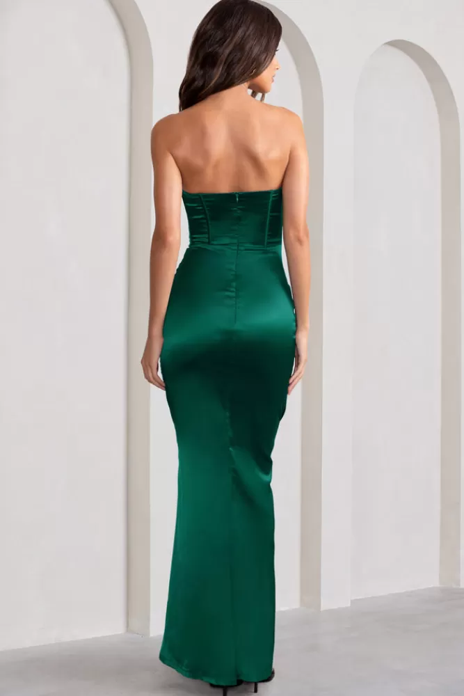 Club L London - Abito Sirena in Raso Verde Bottiglia con Spacco Coscia e Bustino Senza Spalline - Edizione Sensual Notes con Sconto Esclusivo