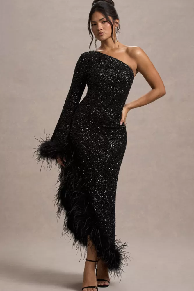 Nero - Abito da sera elegante in paillettes con spalla scoperta e dettaglio piume - Club L London Collezione Sera - Saldi