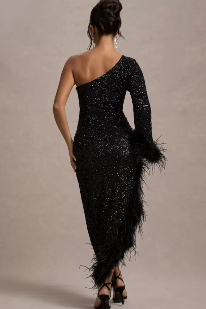 Nero - Abito da sera elegante in paillettes con spalla scoperta e dettaglio piume - Club L London Collezione Sera - Saldi