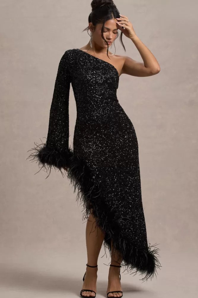 Nero - Abito da sera elegante in paillettes con spalla scoperta e dettaglio piume - Club L London Collezione Sera - Saldi