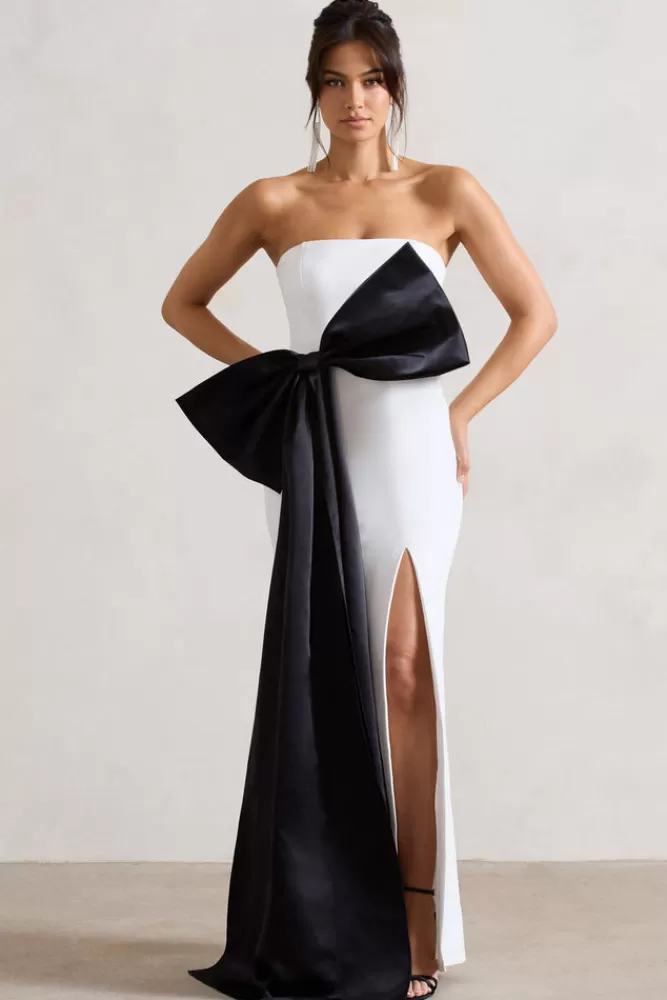 Abito Longuette Club L London Sincerely - Scollatura Bandeau con Spacco e Fiocco Oversize Nero - Versione Bianca in Promozione