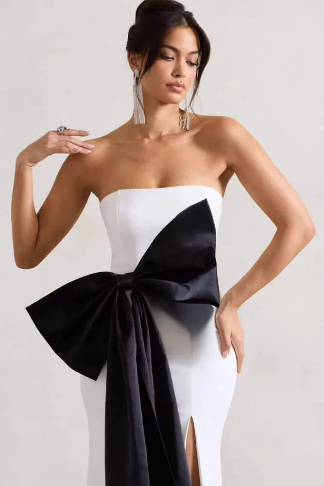 Abito Longuette Club L London Sincerely - Scollatura Bandeau con Spacco e Fiocco Oversize Nero - Versione Bianca in Promozione