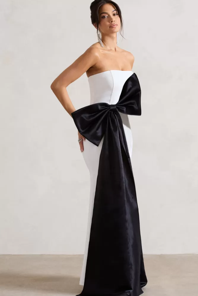 Abito Longuette Club L London Sincerely - Scollatura Bandeau con Spacco e Fiocco Oversize Nero - Versione Bianca in Promozione