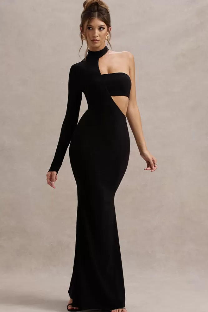 Abito lungo elegante con manica singola e design audace - Nero da Club L London per serate esclusive