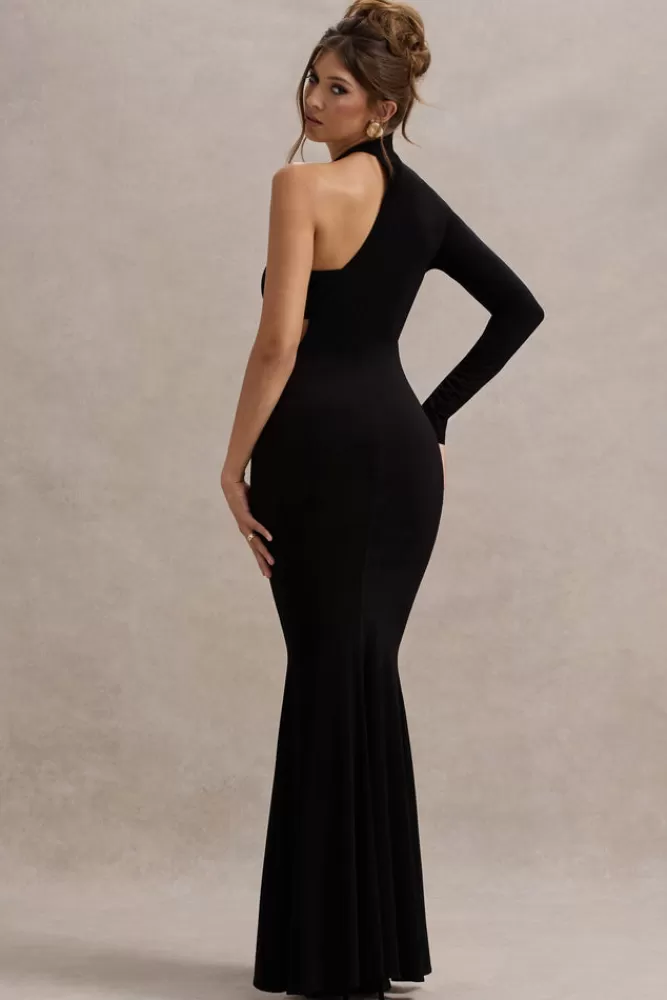 Abito lungo elegante con manica singola e design audace - Nero da Club L London per serate esclusive