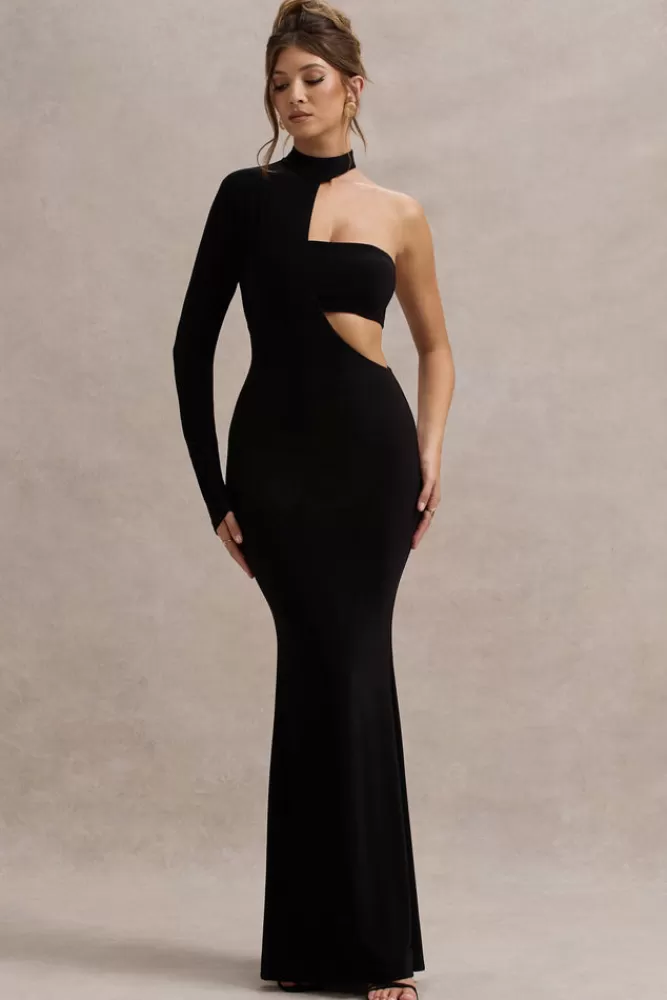 Abito lungo elegante con manica singola e design audace - Nero da Club L London per serate esclusive