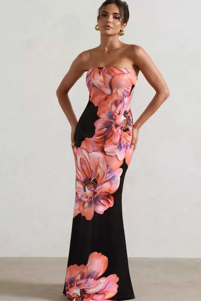 Club L London - Vestito Lungo Bandeau Sofiane con Stampa Floreale Rosa e Nero | Abito Elegante per Estate | Outlet Moda Stagionale