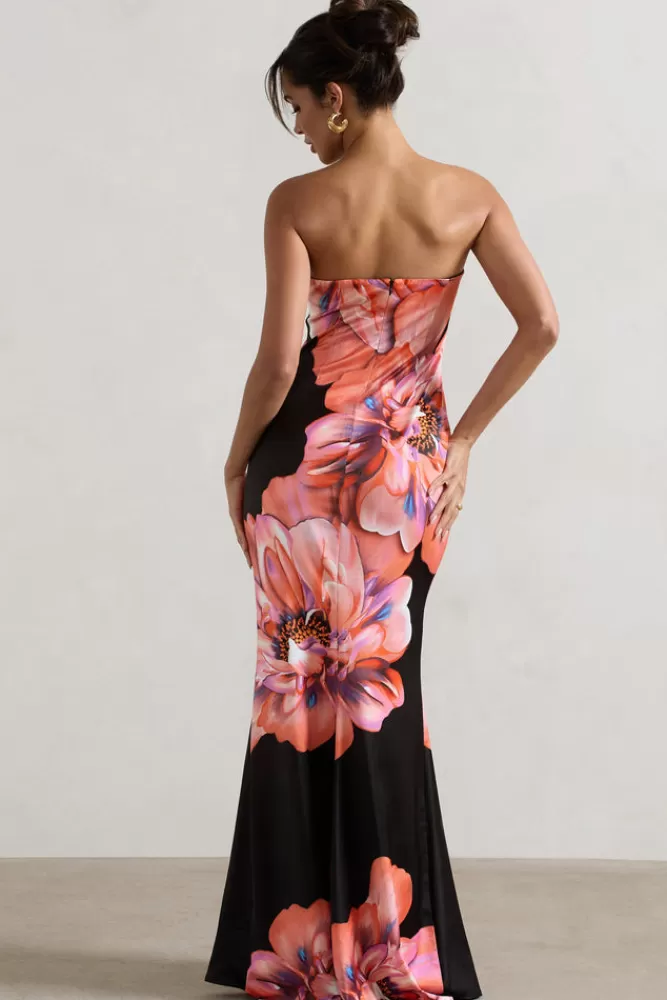 Club L London - Vestito Lungo Bandeau Sofiane con Stampa Floreale Rosa e Nero | Abito Elegante per Estate | Outlet Moda Stagionale