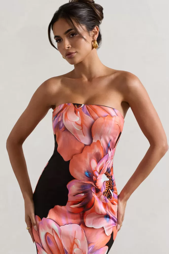 Club L London - Vestito Lungo Bandeau Sofiane con Stampa Floreale Rosa e Nero | Abito Elegante per Estate | Outlet Moda Stagionale