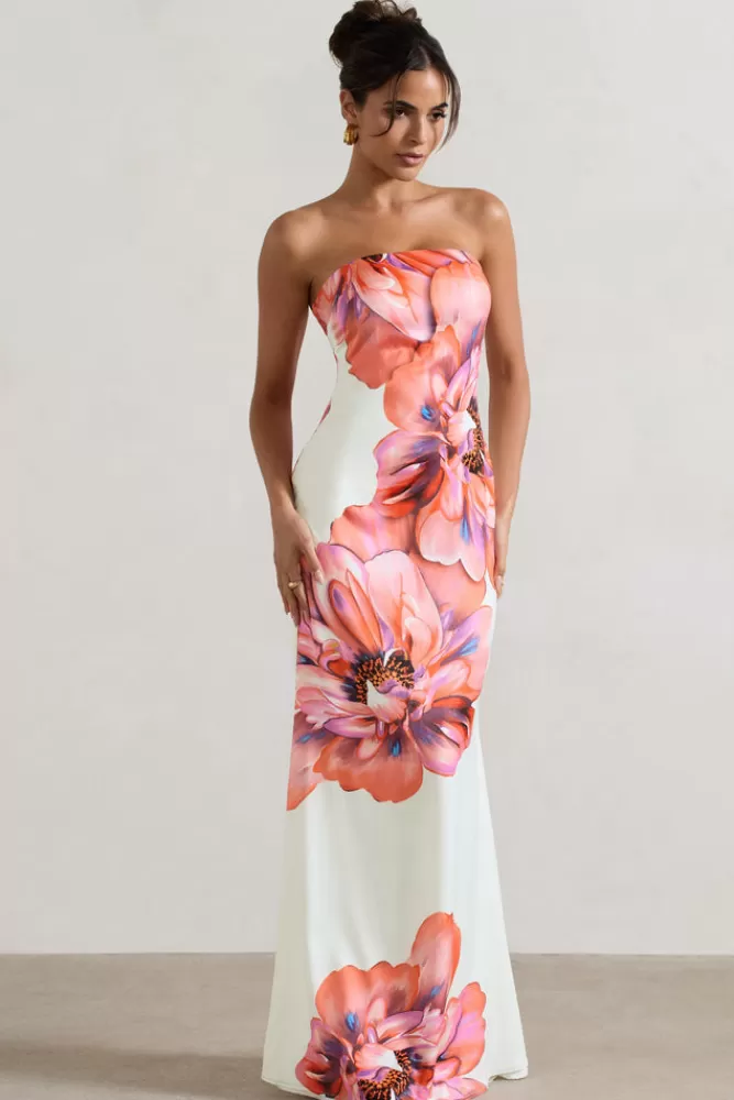 Abito Maxi Bandeau Club L London - Stampa Floreale Romantica in Crema e Rosa | Promozione Lampo Edizione Limitata