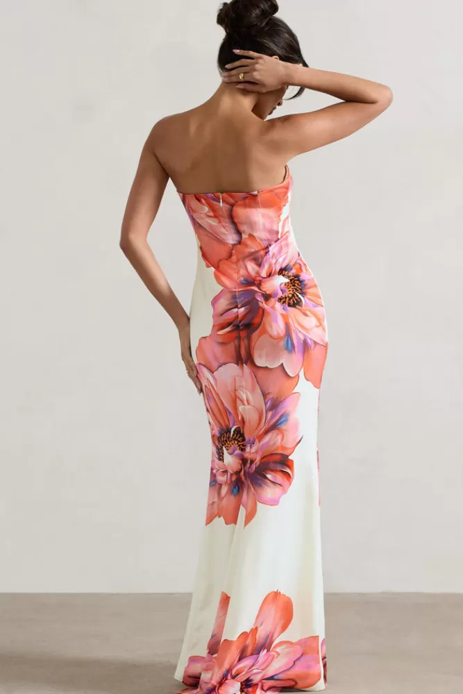 Abito Maxi Bandeau Club L London - Stampa Floreale Romantica in Crema e Rosa | Promozione Lampo Edizione Limitata