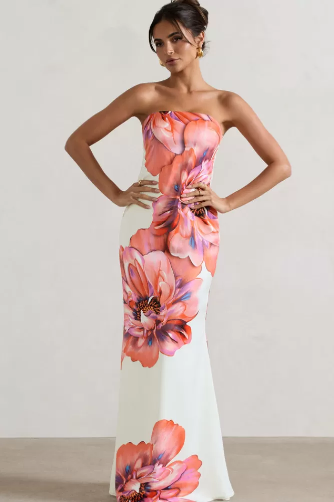 Abito Maxi Bandeau Club L London - Stampa Floreale Romantica in Crema e Rosa | Promozione Lampo Edizione Limitata