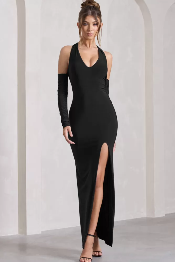 Abito lungo elegante con spacco e maniche lunghe a tracolla - Nero opaco di Club L London Solana, perfetto per look serali raffinati.