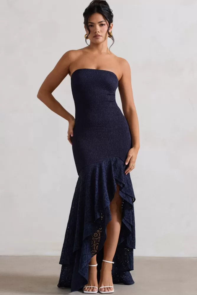 Club L London Solange | Vestito Maxi Bandeau con Ricami e Orlo Asimmetrico - Blu Marino in Offerta Speciale